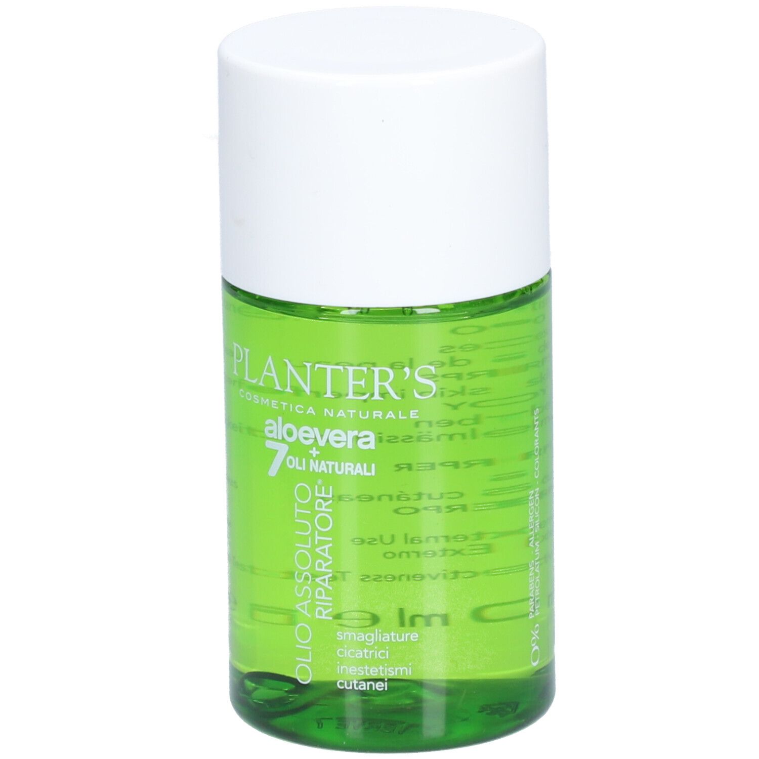 Flacon en verre vert avec bouchon blanc. Inscription: Planter's, Aloe Vera, 7 Huiles. Texte: Huile Absolue Réparatrice.