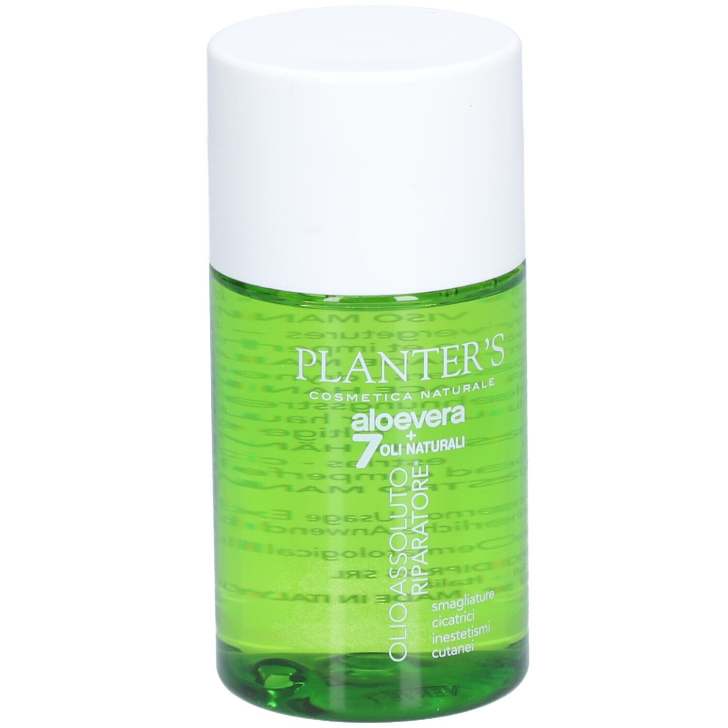 Flacon en verre vert avec bouchon blanc. Inscription: Planter's, Aloe Vera, 7 Huiles. Texte: Huile Absolue Réparatrice.