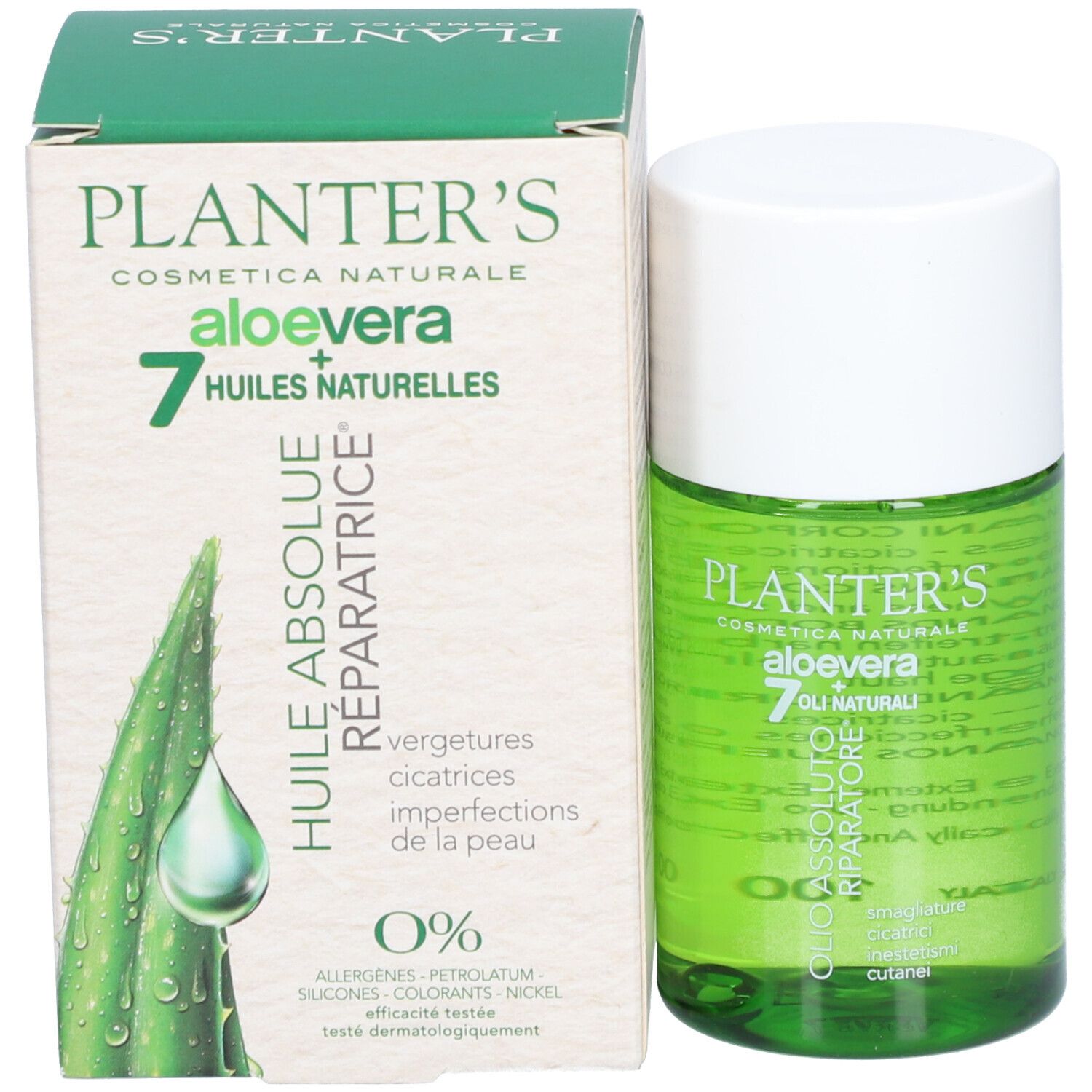 Produit avec emballage. Boîte et flacon verts. Inscription: Planter's, Aloe Vera, 7 Huiles. Texte: Huile Absolue Réparatrice.
