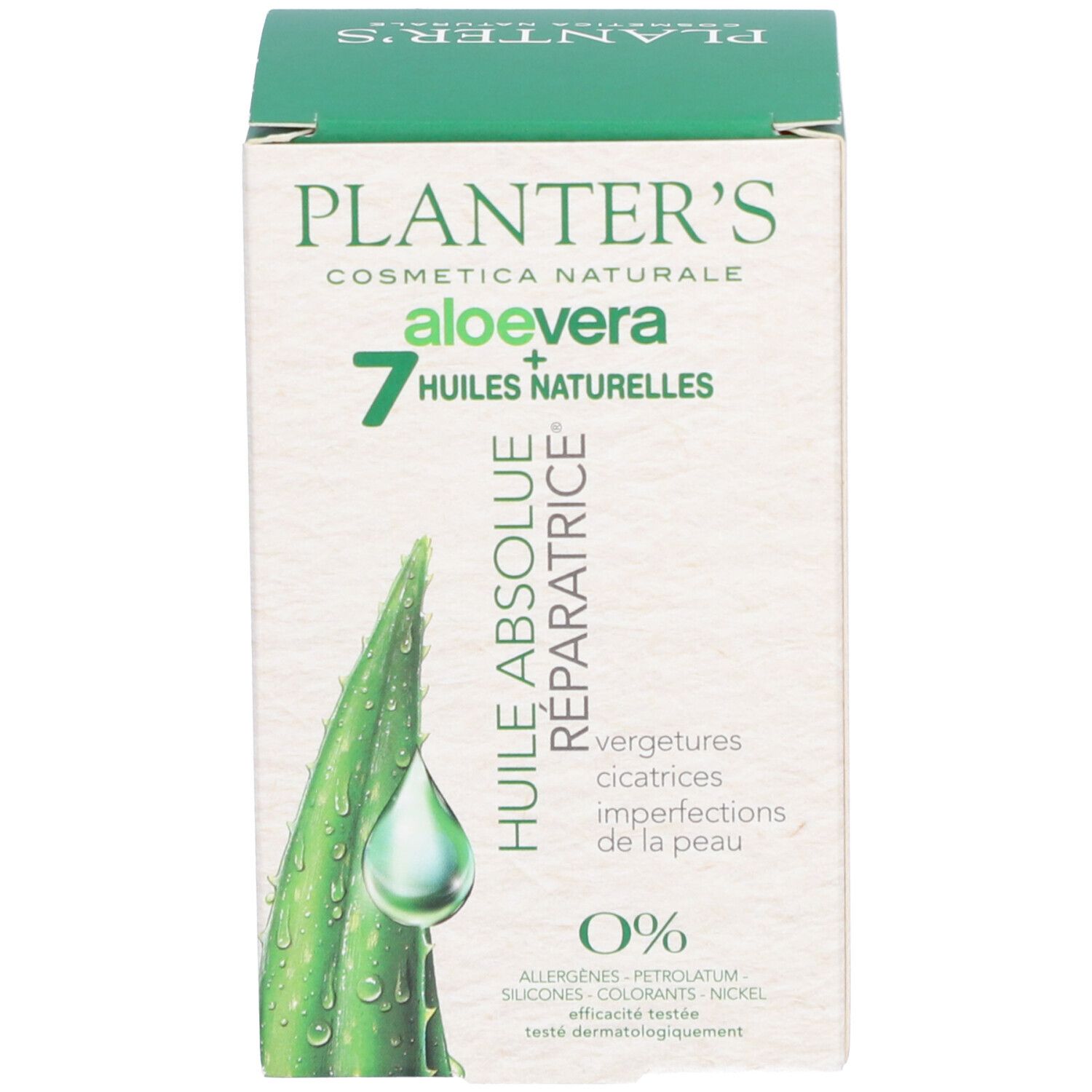 Boîte verte avec texte: Planter's, Aloe Vera, 7 Huiles. Texte: Huile Absolue Réparatrice. 0% Allergènes.