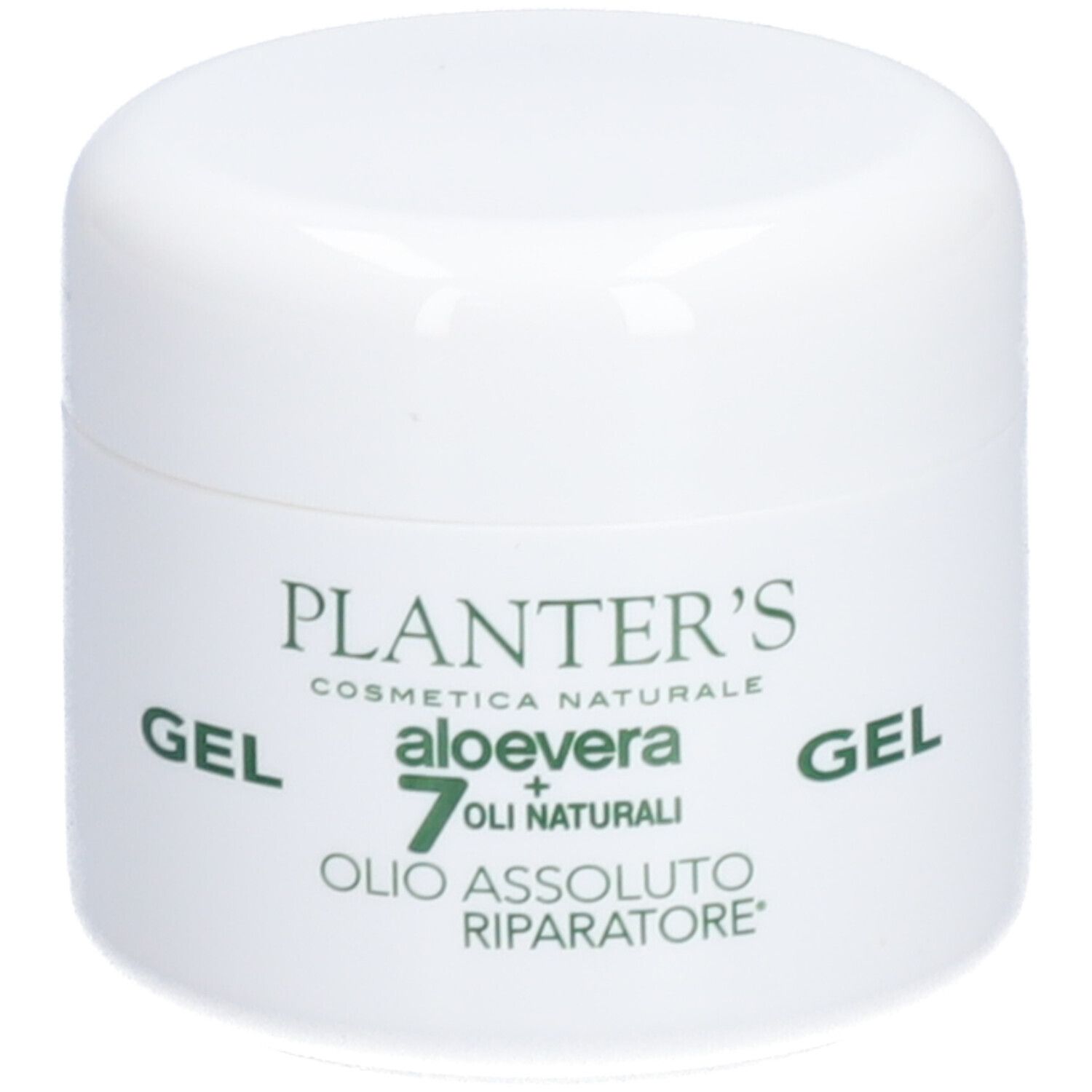 Pot blanc avec couvercle. Inscription: Planter's, Aloe vera, 7 huiles, Gel. Cosmétiques italiens.