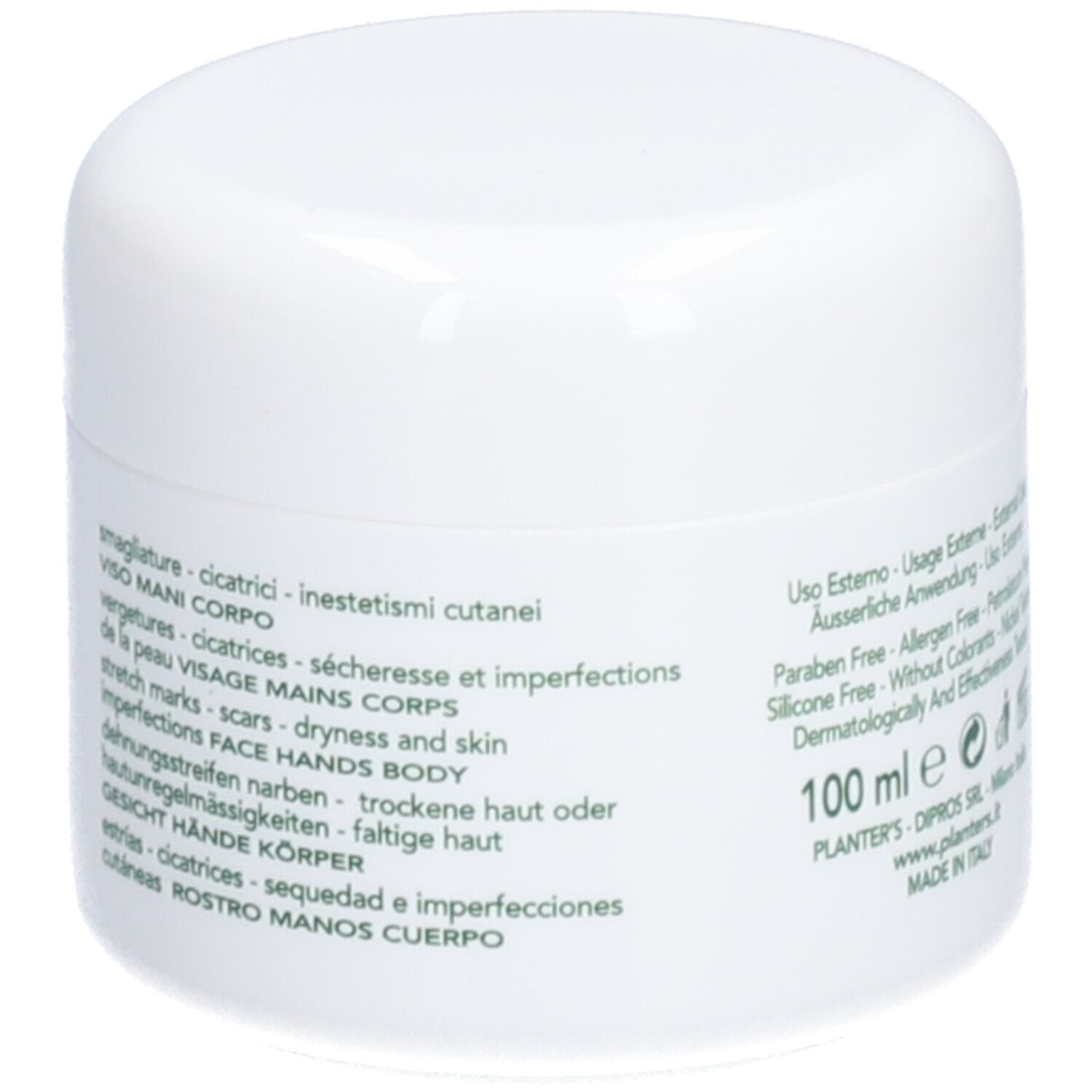 Pot blanc avec couvercle. Inscription: Ingrédients, 100 ml. Pour visage, mains, corps. Fabriqué en Italie.