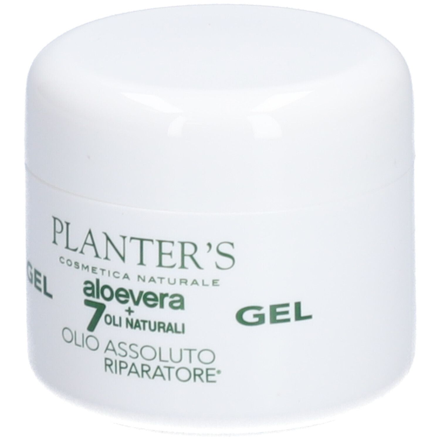 Pot blanc avec couvercle. Inscription: Planter's, Aloe vera, 7 huiles, Gel. Cosmétiques italiens.