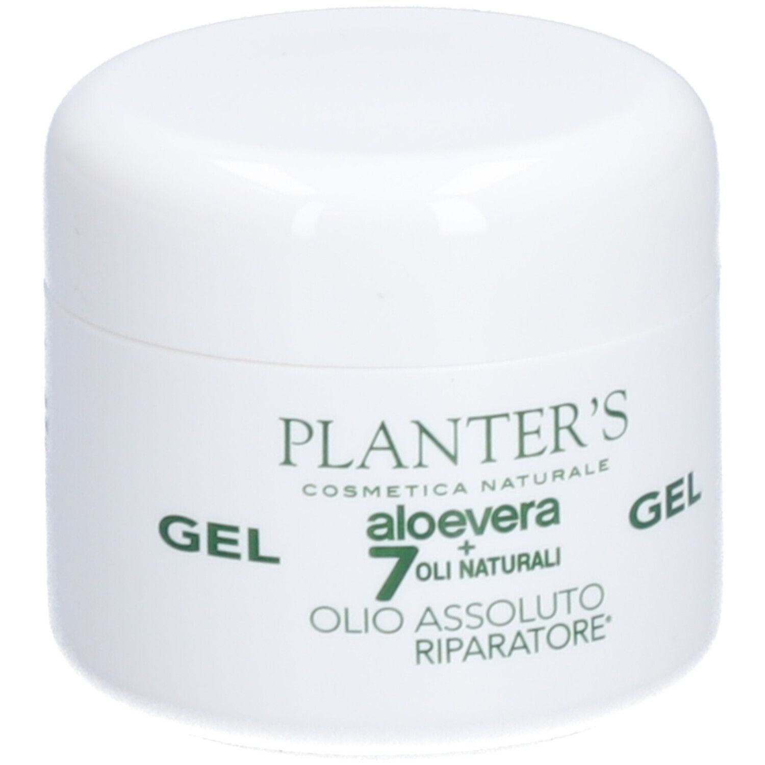 Pot blanc avec couvercle. Inscription: Planter's, Aloe vera, 7 huiles, Gel. Cosmétiques italiens.