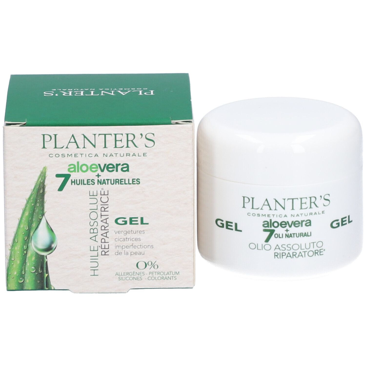 Pot blanc et boîte verte. Inscription: Planter's, Aloe vera, 7 huiles, Gel. Cosmétiques italiens.