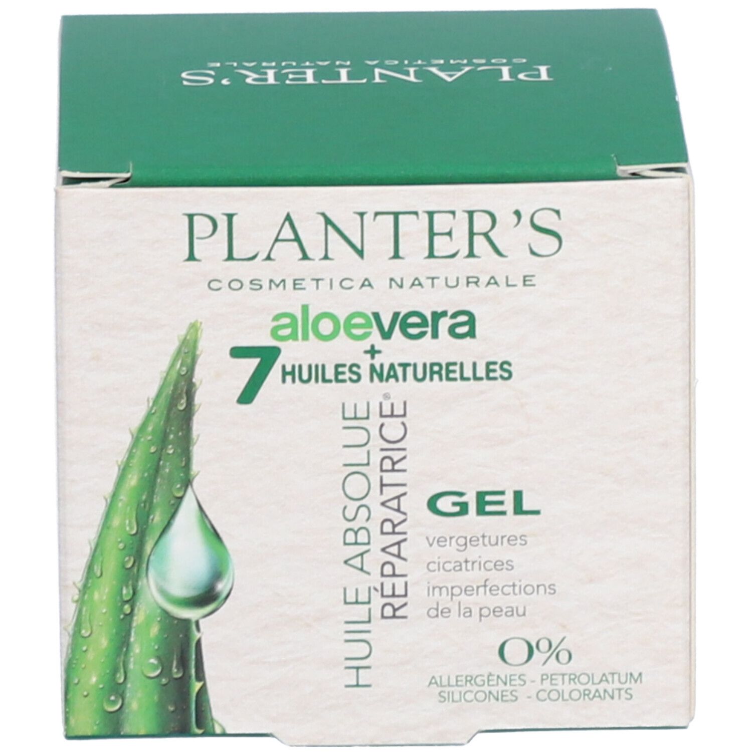 Boîte verte. Inscription: Planter's, Aloe vera, 7 huiles, Gel. Pour imperfections cutanées. Cosmétiques italiens.