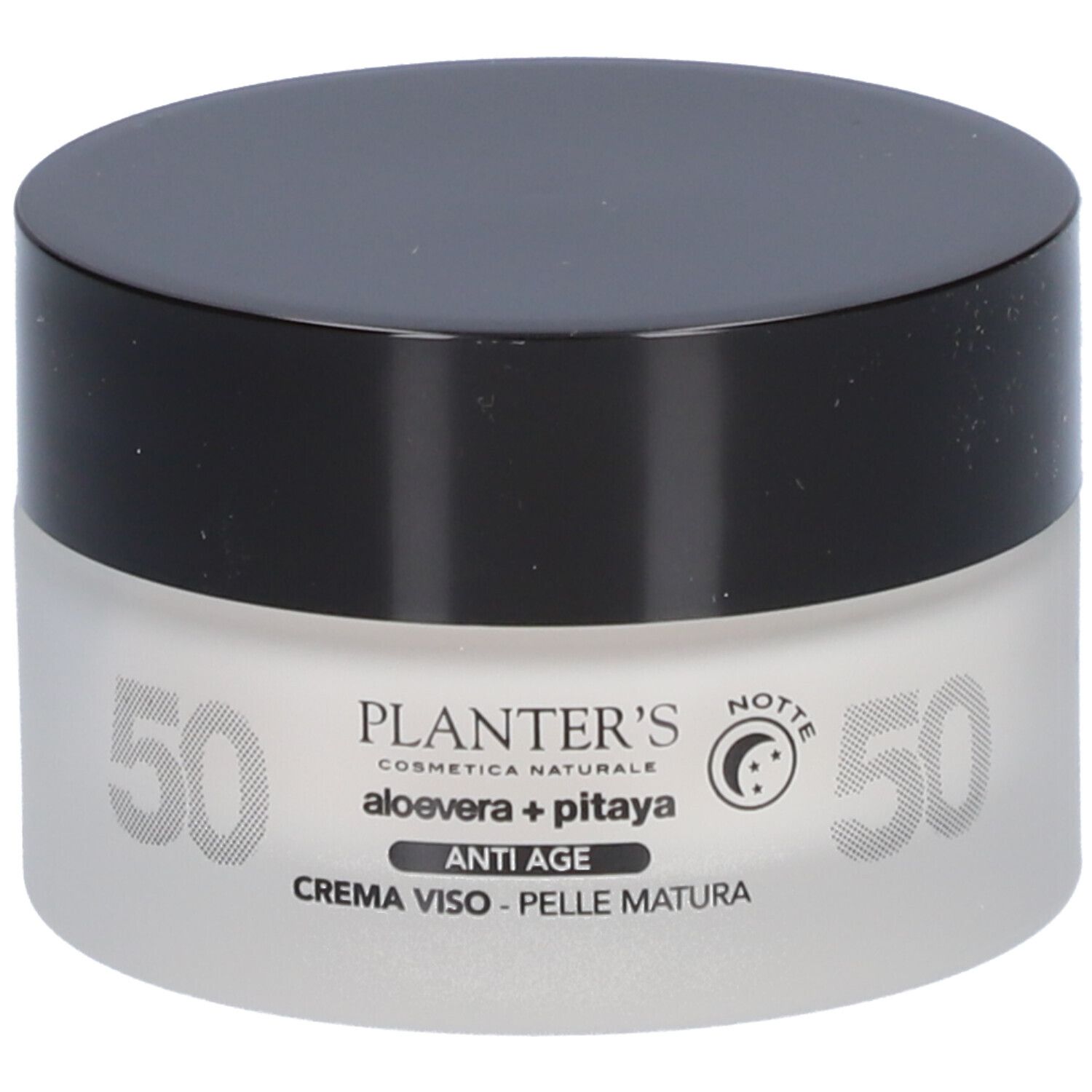 Crèmepot met zwarte deksel. Opschrift: Aloe Vera + Pitaya, Anti-Age, Crème Viso - Pelle Matura. Op de pot staat 50.