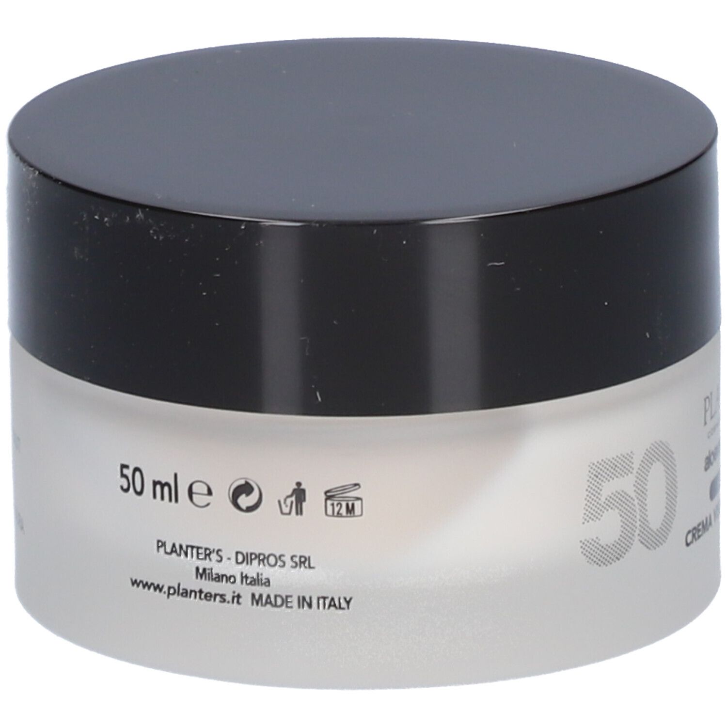 Crèmepot met zwarte deksel. Opschrift: 50 ml e, Planter's, Milano Italia, Made in Italy. Op de pot staat 50.