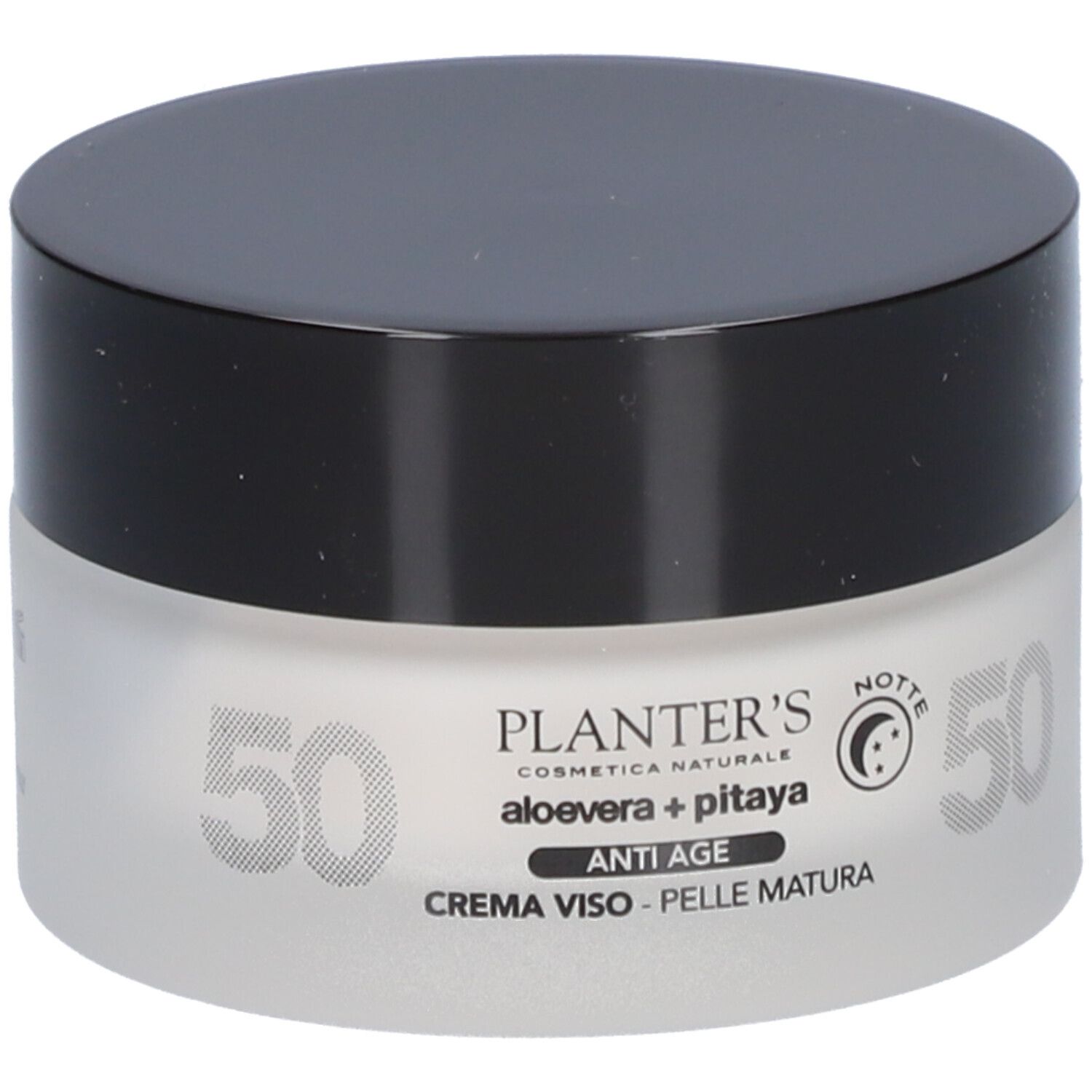 Crèmepot met zwarte deksel. Opschrift: Aloe Vera + Pitaya, Anti-Age, Crème Viso - Pelle Matura. Op de pot staat 50.