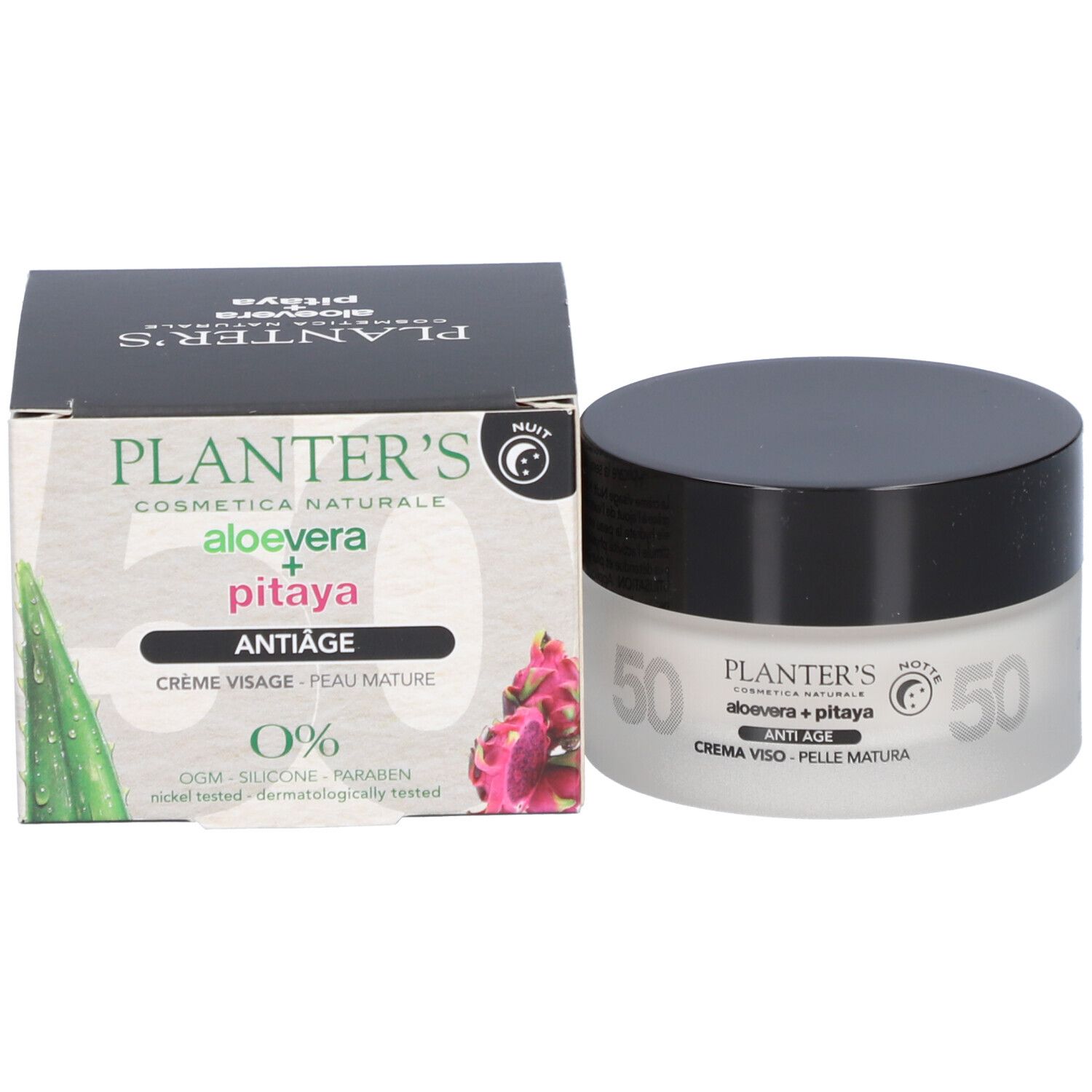 Crèmepot en doos. Opschrift: Aloe Vera + Pitaya, Anti-Âge, Crème Visage - Peau Mature. Op pot en doos staat 50.