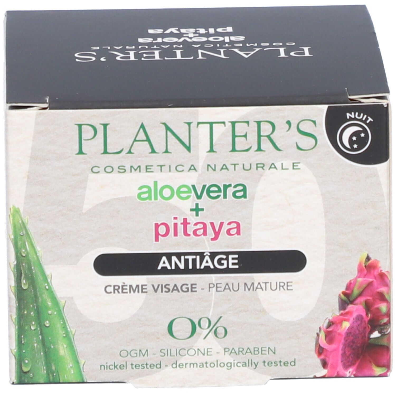 Doos met opschrift: Aloe Vera + Pitaya, Anti-Âge, Crème Visage - Peau Mature. Illustratie van aloë vera en pitaya.