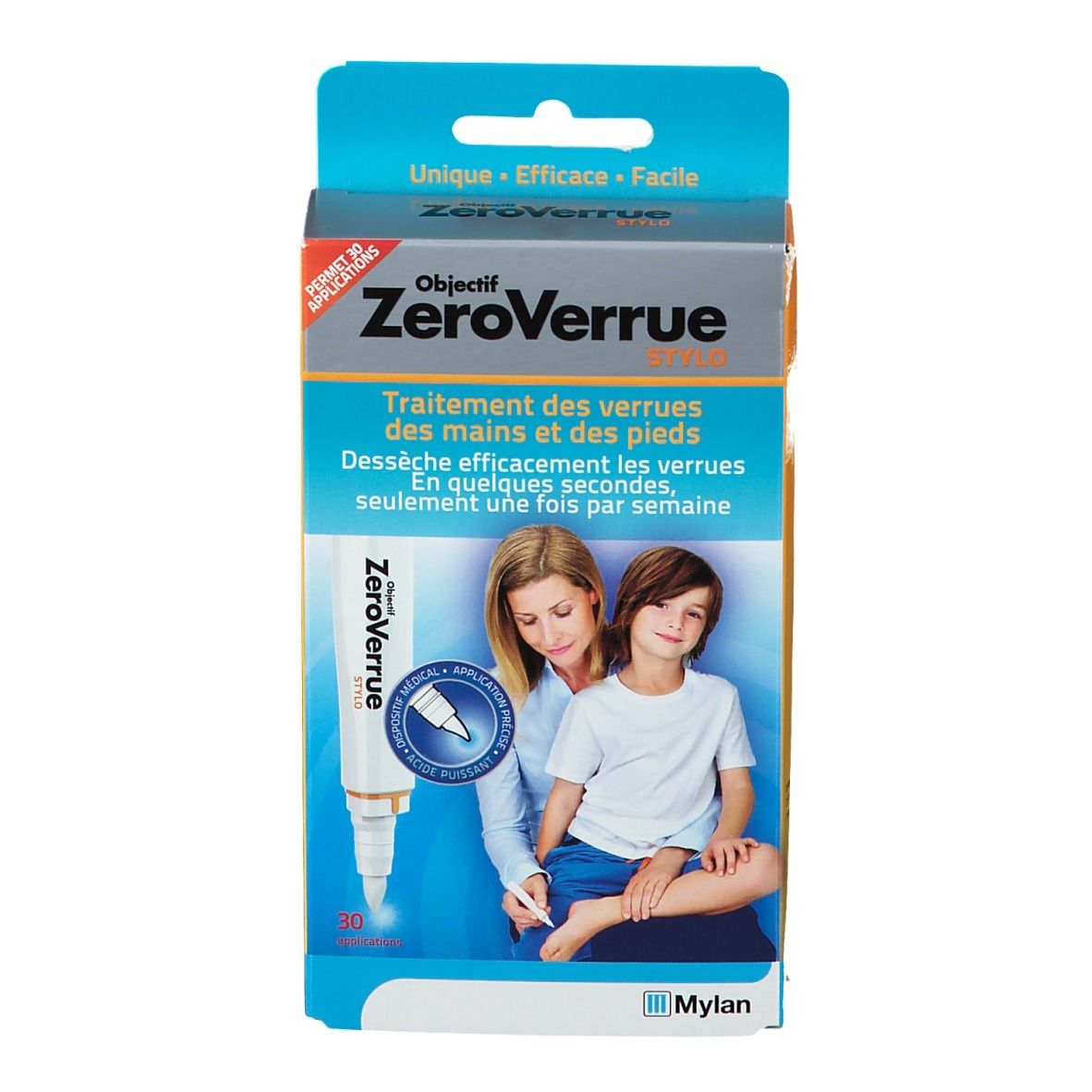 Boîte de ZeroVerrue Stylo. Contient un stylo applicateur. Images d'une mère et son enfant. Texte: ZeroVerrue, traitement des verrues.