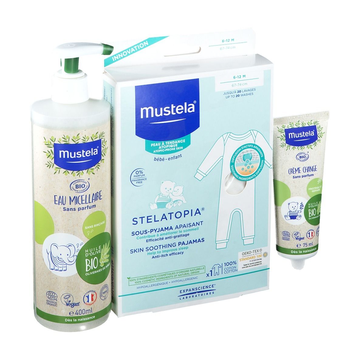 Ensemble avec flacon, emballage pyjama et tube. Flacon pompe, emballage pyjama avec motif bébé, tube à bouchon.