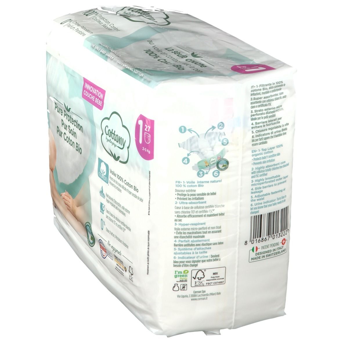 Paquet de couches Cottony Taille 1. Inscriptions : Pure Protection, 100% coton bio. Code-barres et certifications.