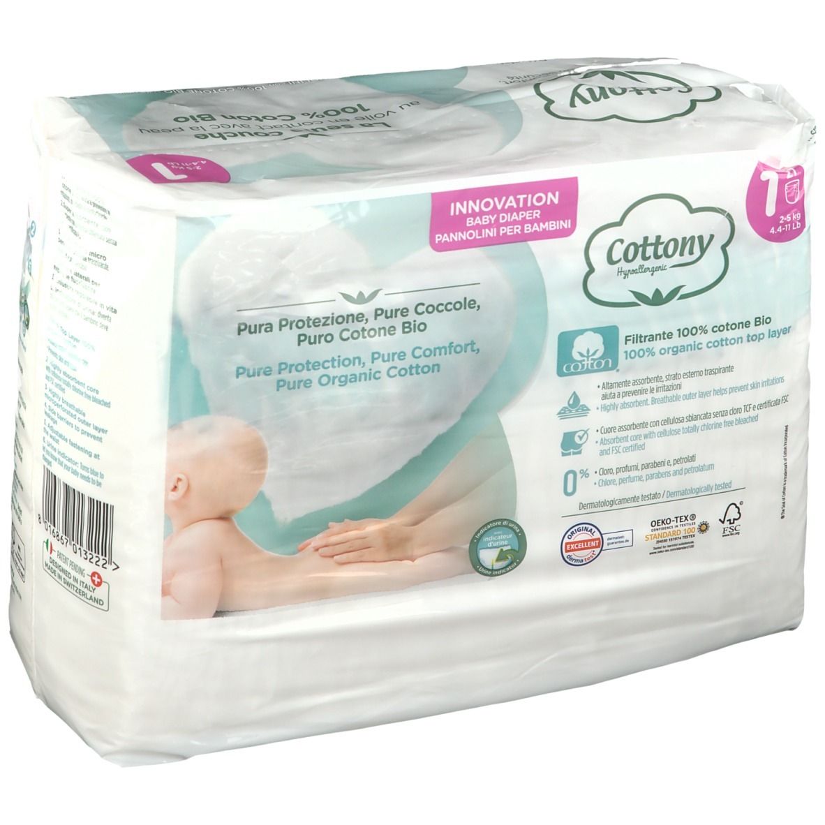 Paquet de couches Cottony Taille 1, 2-5 kg. Inscriptions : Pure Protection, 100% coton bio. 7 unités.