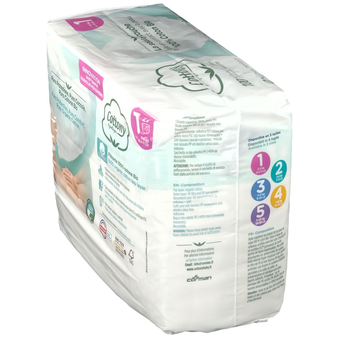 Paquet de couches Cottony, tailles 1-5. Inscriptions : Pure Protection, 100% coton bio. Indications de tailles.