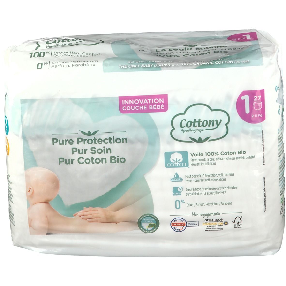 Paquet de couches Cottony Taille 1, 27 unités. Inscriptions : Pure Protection, 100% coton bio, 0% parfum, parabène.