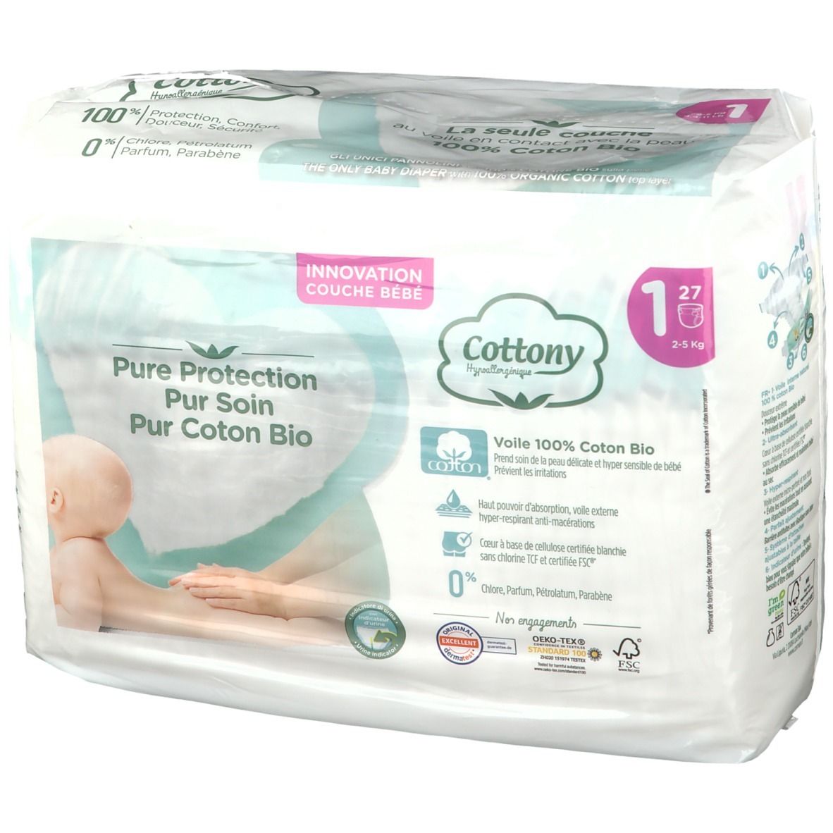Paquet de couches Cottony Taille 1, 2-5 kg. Inscriptions : Pure Protection, 100% coton bio, 0% parfum, parabène.