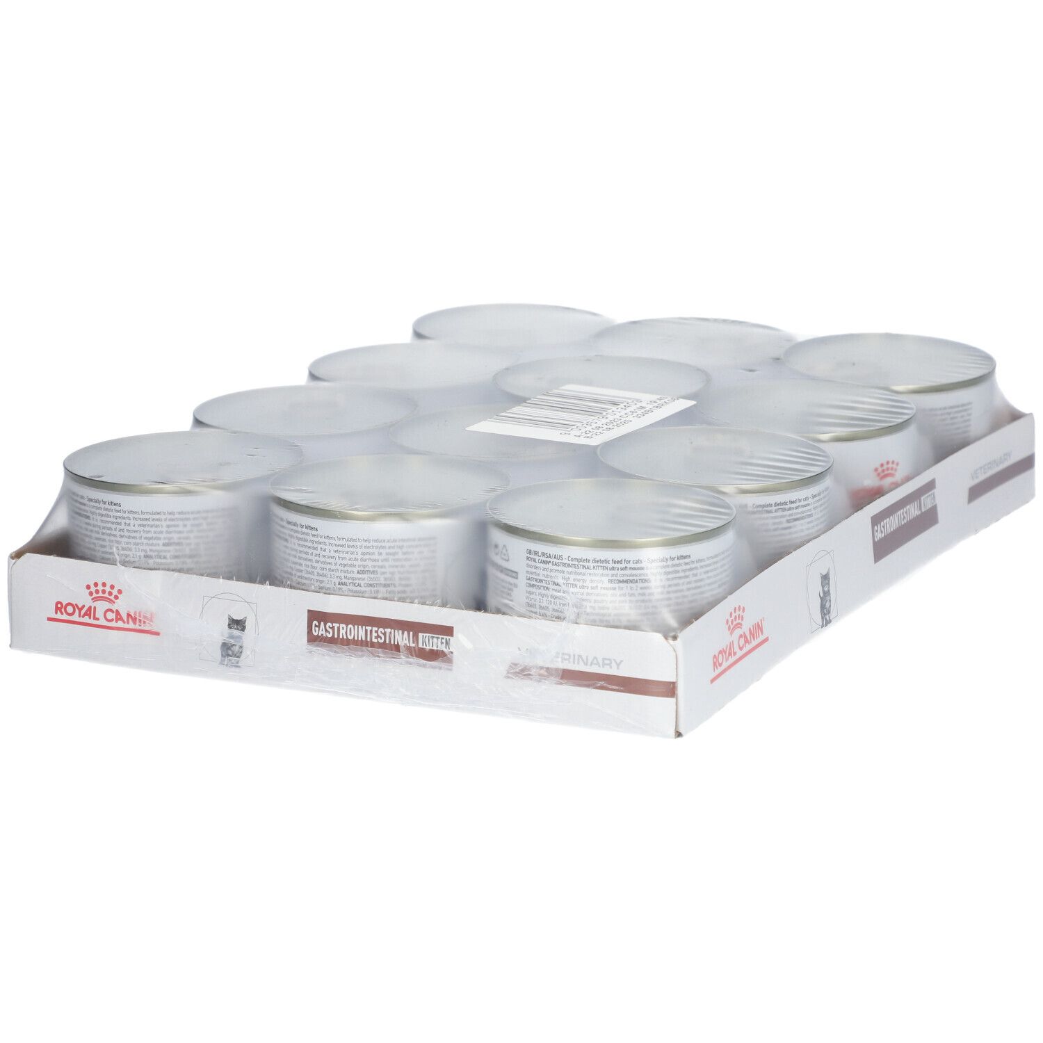 Carton de 12 boîtes ROYAL CANIN Magen-Darm Kitten. Inscription: GASTROINTESTINAL KITTEN, ROYAL CANIN.