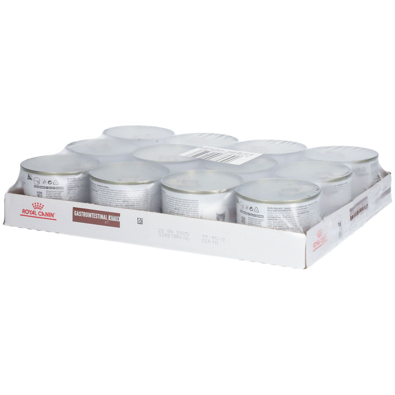 Carton de 12 boîtes ROYAL CANIN Magen-Darm Kitten. Inscription: GASTROINTESTINAL KITTEN, ROYAL CANIN.