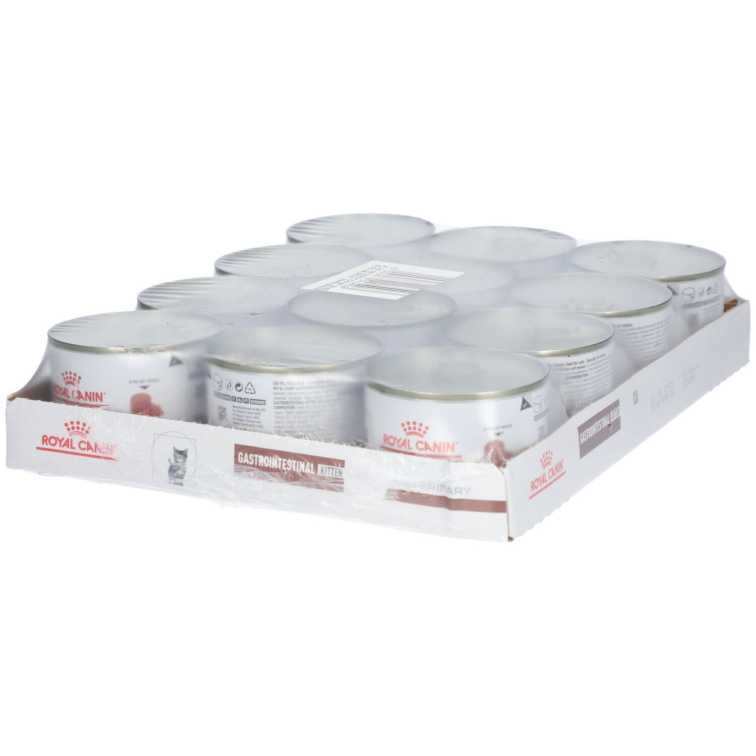 Carton de 12 boîtes ROYAL CANIN Magen-Darm Kitten. Inscription: GASTROINTESTINAL KITTEN, ROYAL CANIN.