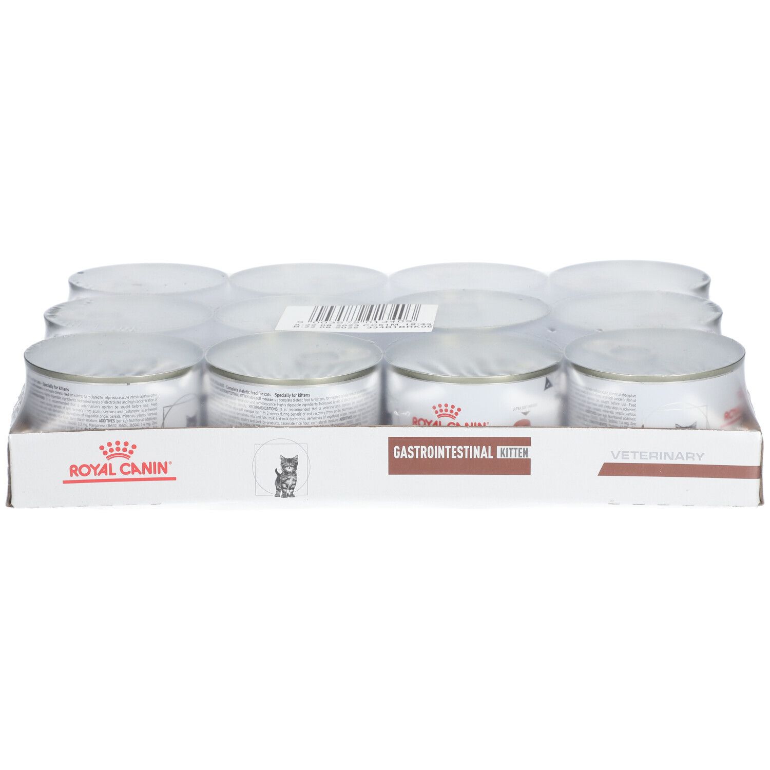 Carton de 12 boîtes ROYAL CANIN Magen-Darm Kitten. Inscription: GASTROINTESTINAL KITTEN, ROYAL CANIN.
