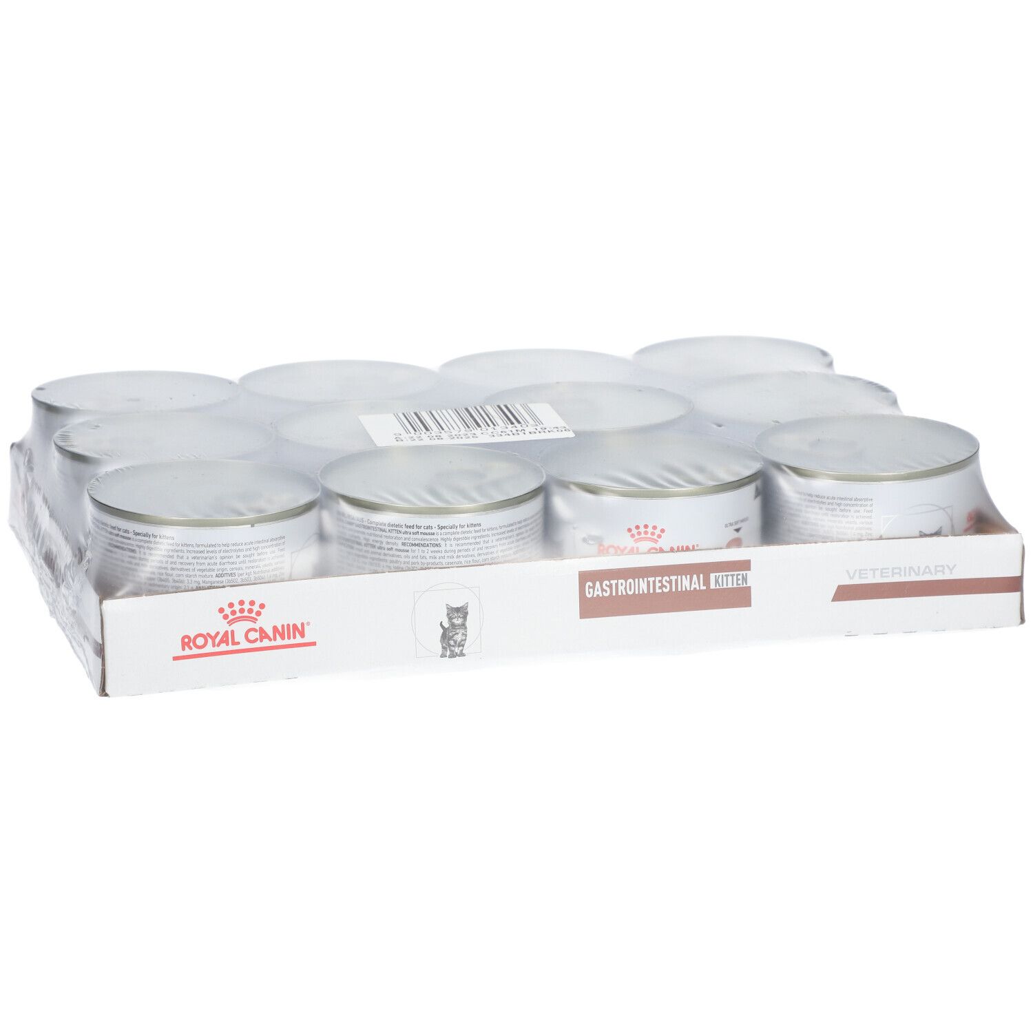 Carton de 12 boîtes ROYAL CANIN Magen-Darm Kitten. Inscription: GASTROINTESTINAL KITTEN, ROYAL CANIN.