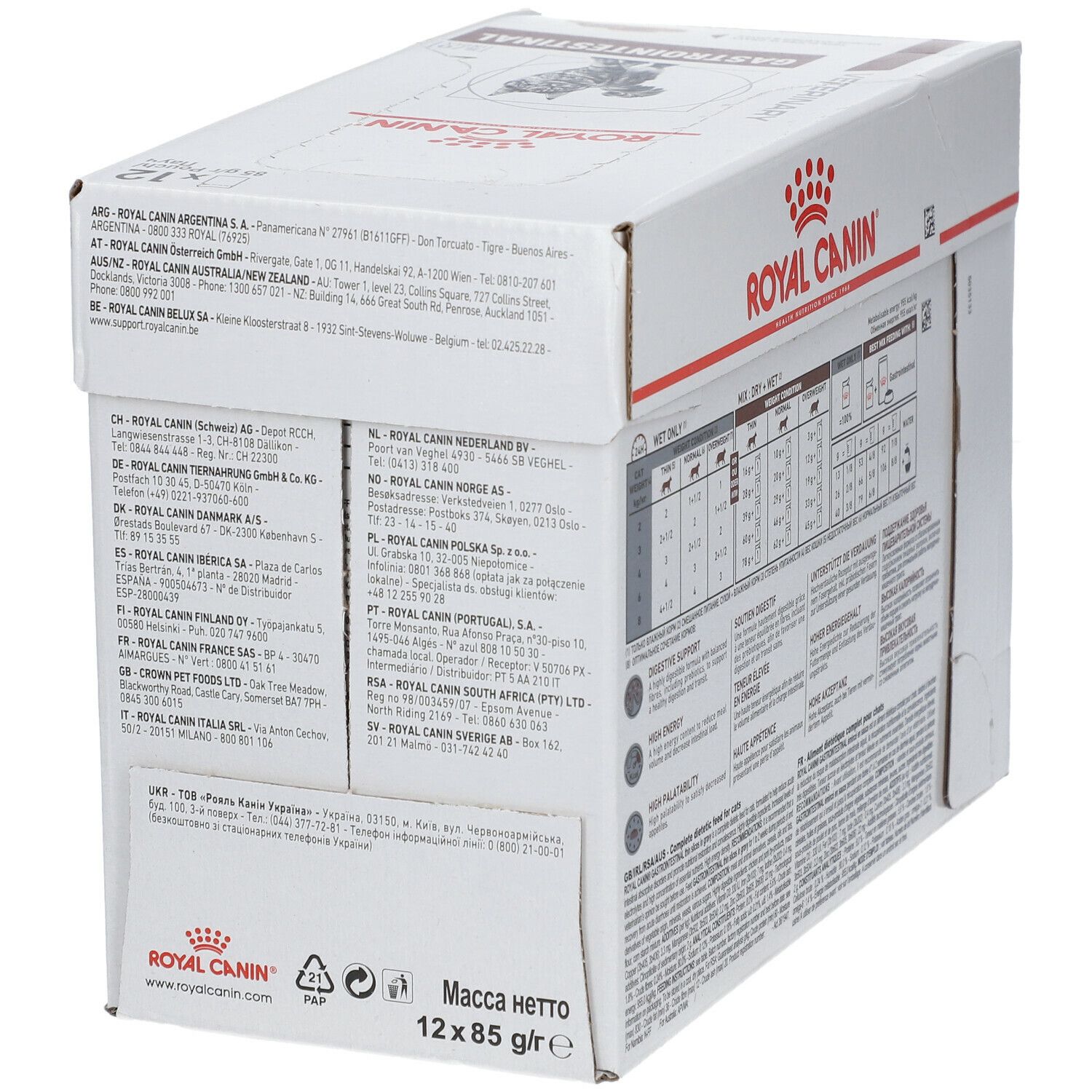 Rückseite der ROYAL CANIN® Gastro Intestinal-Box. Adressen und Informationen. Text: 12 x 85 g.