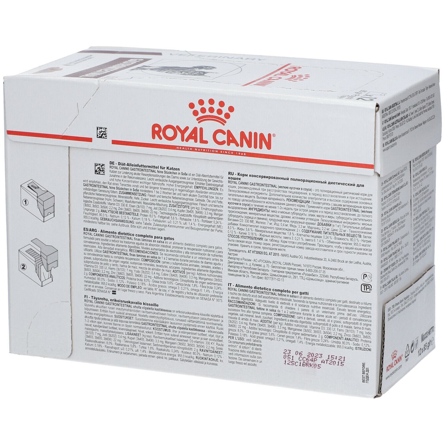 Rückseite der ROYAL CANIN® Gastro Intestinal-Box. Informationen und Text in mehreren Sprachen. Datum: 23.06.2023.
