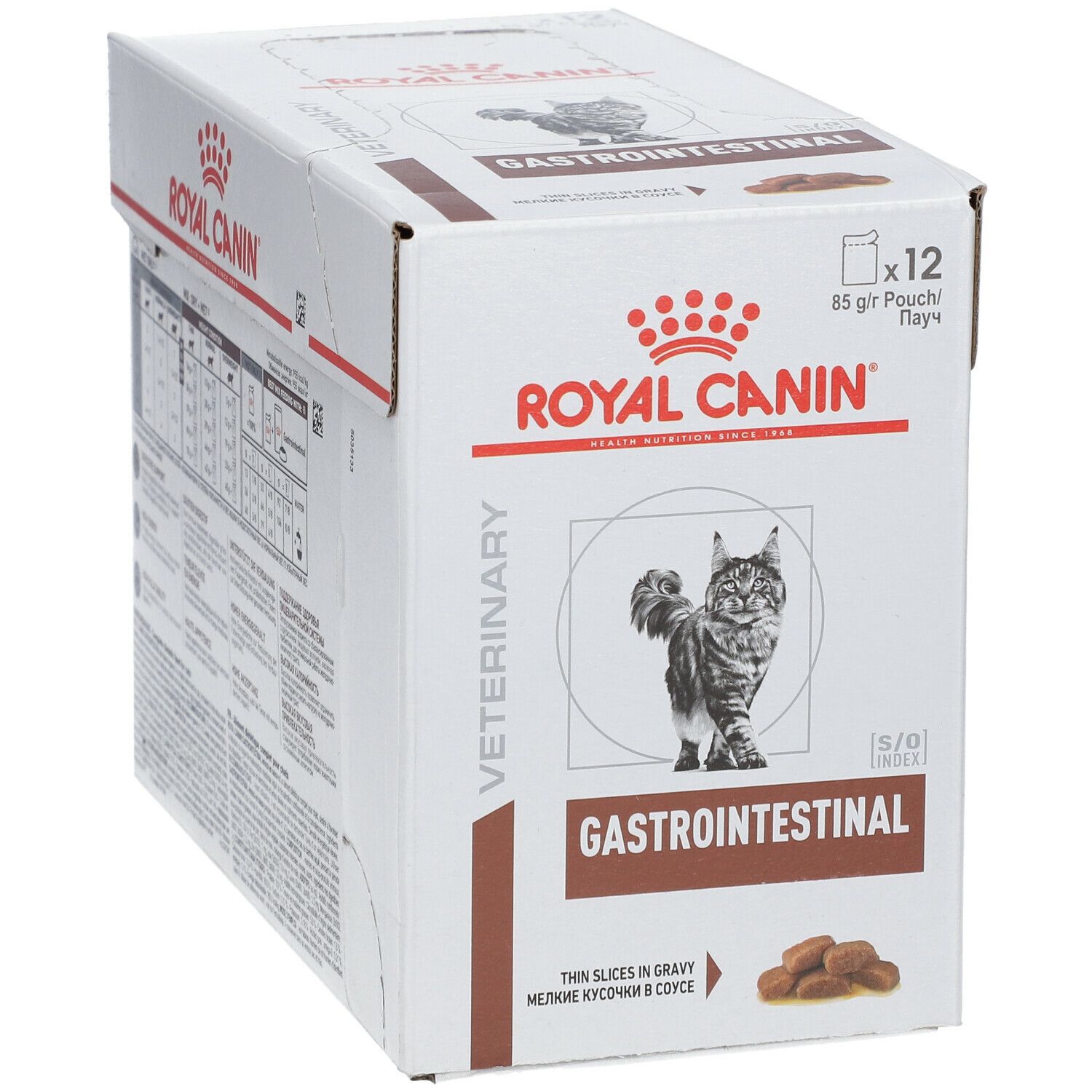 Karton ROYAL CANIN® Gastro Intestinal. Aufschrift: 12 x 85 g Beutel. Abbildung einer Katze. Text: Gastro Intestinal.