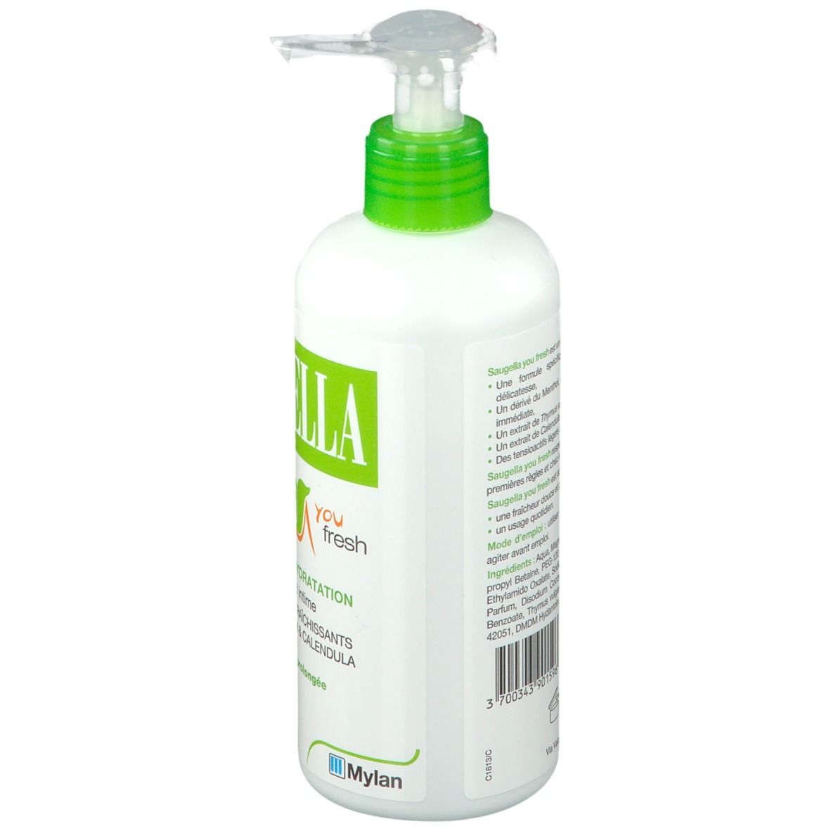 Weißer Spender mit grünem Deckel. Aufschrift: SAUGELLA, you fresh. Text: Frische & Hydratation, Soin lavant intime.