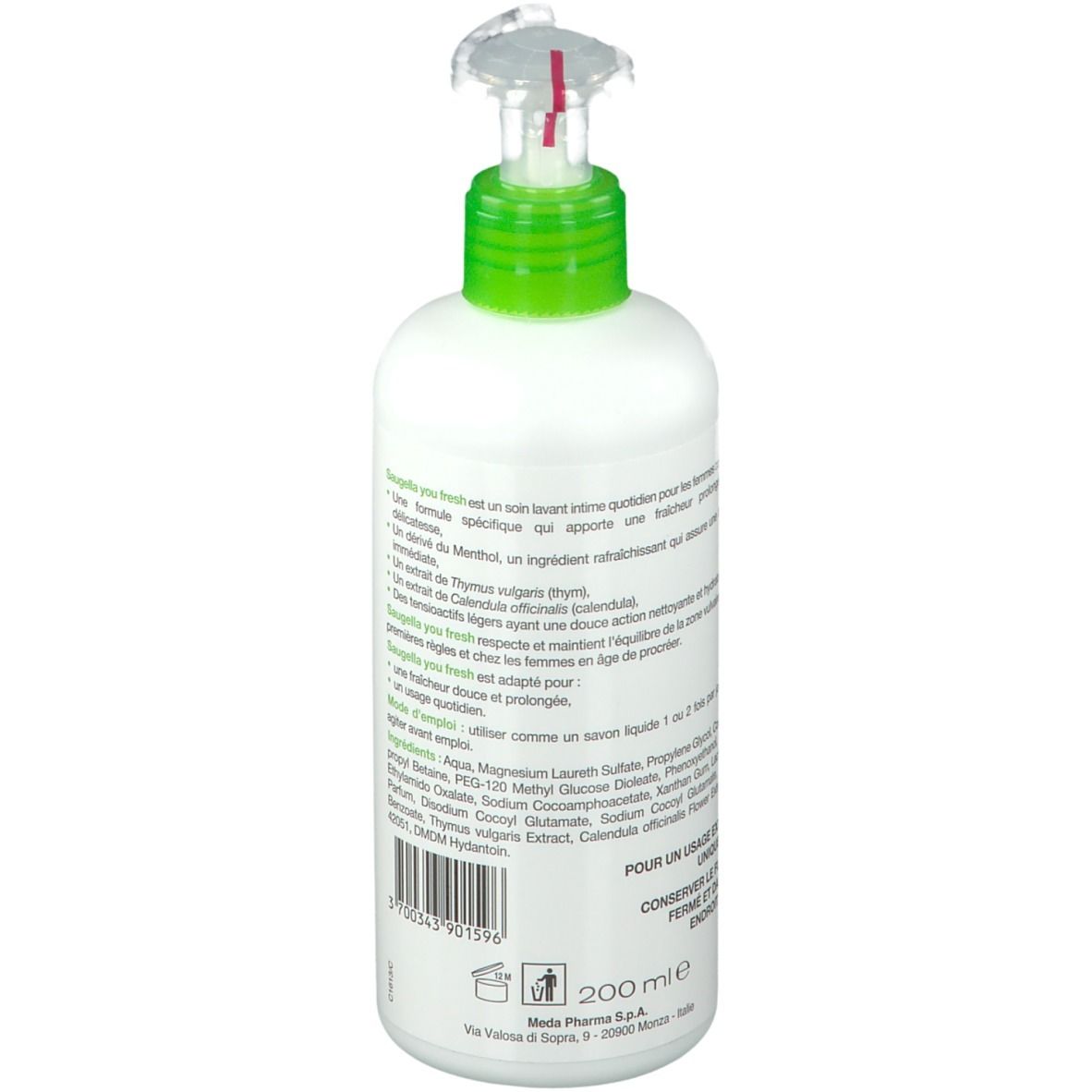 Weißer Spender mit grünem Deckel. Aufschrift: SAUGELLA, you fresh. Text: Frische & Hydratation, Soin lavant intime.