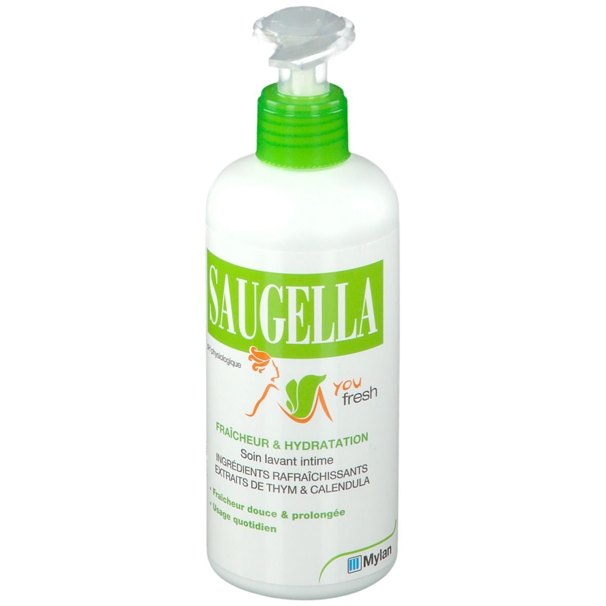 Weißer Spender mit grünem Deckel. Aufschrift: SAUGELLA, you fresh. Text: Frische & Hydratation, Soin lavant intime.