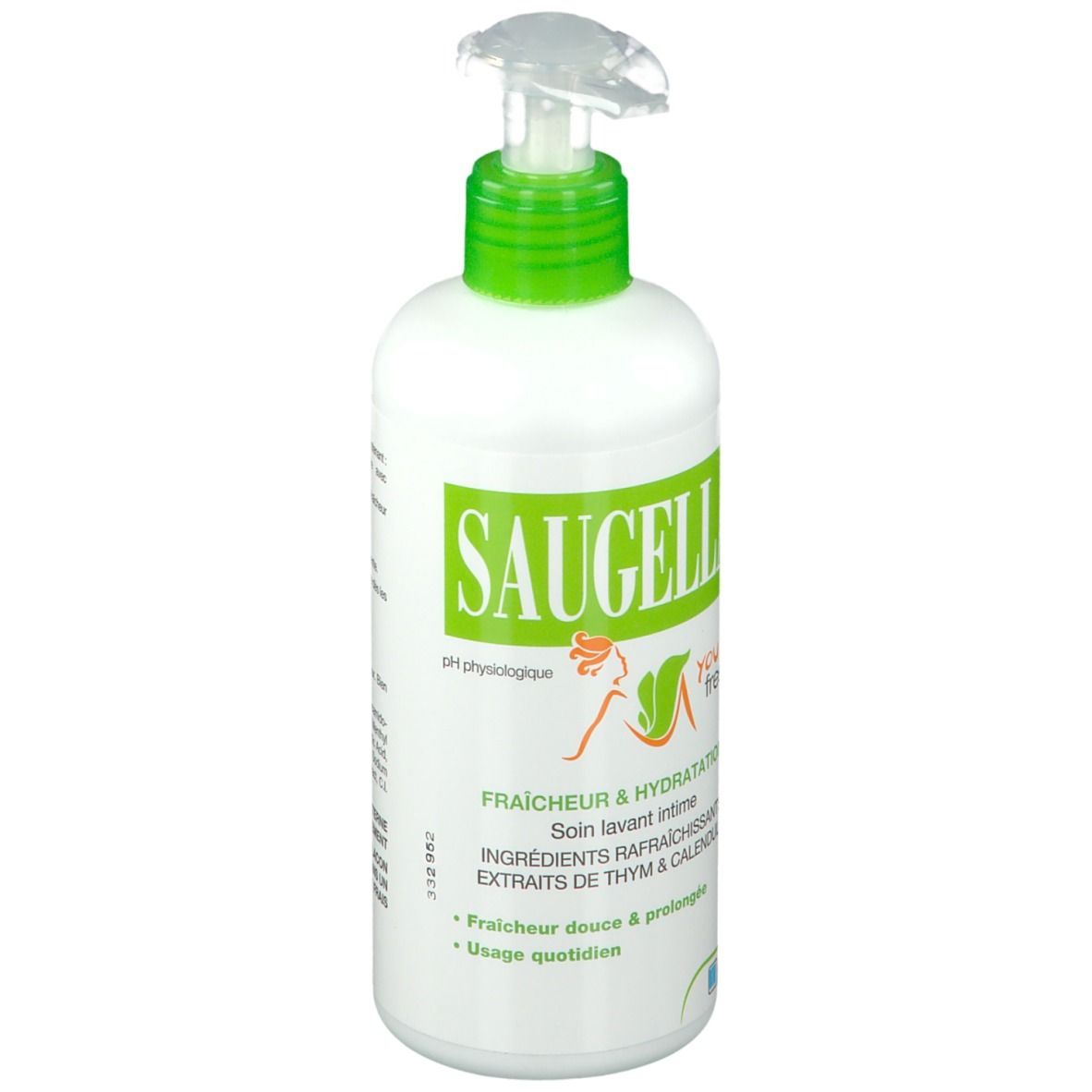 Weißer Spender mit grünem Deckel. Aufschrift: SAUGELLA, you fresh. Text: Frische & Hydratation, Soin lavant intime.