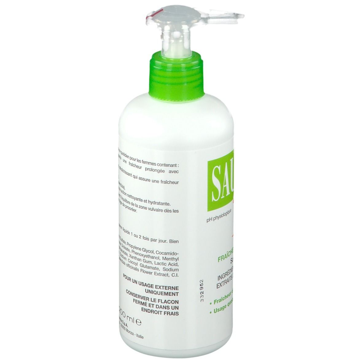 Weißer Spender mit grünem Deckel. Aufschrift: SAUGELLA, you fresh. Text: Frische & Hydratation, Soin lavant intime.