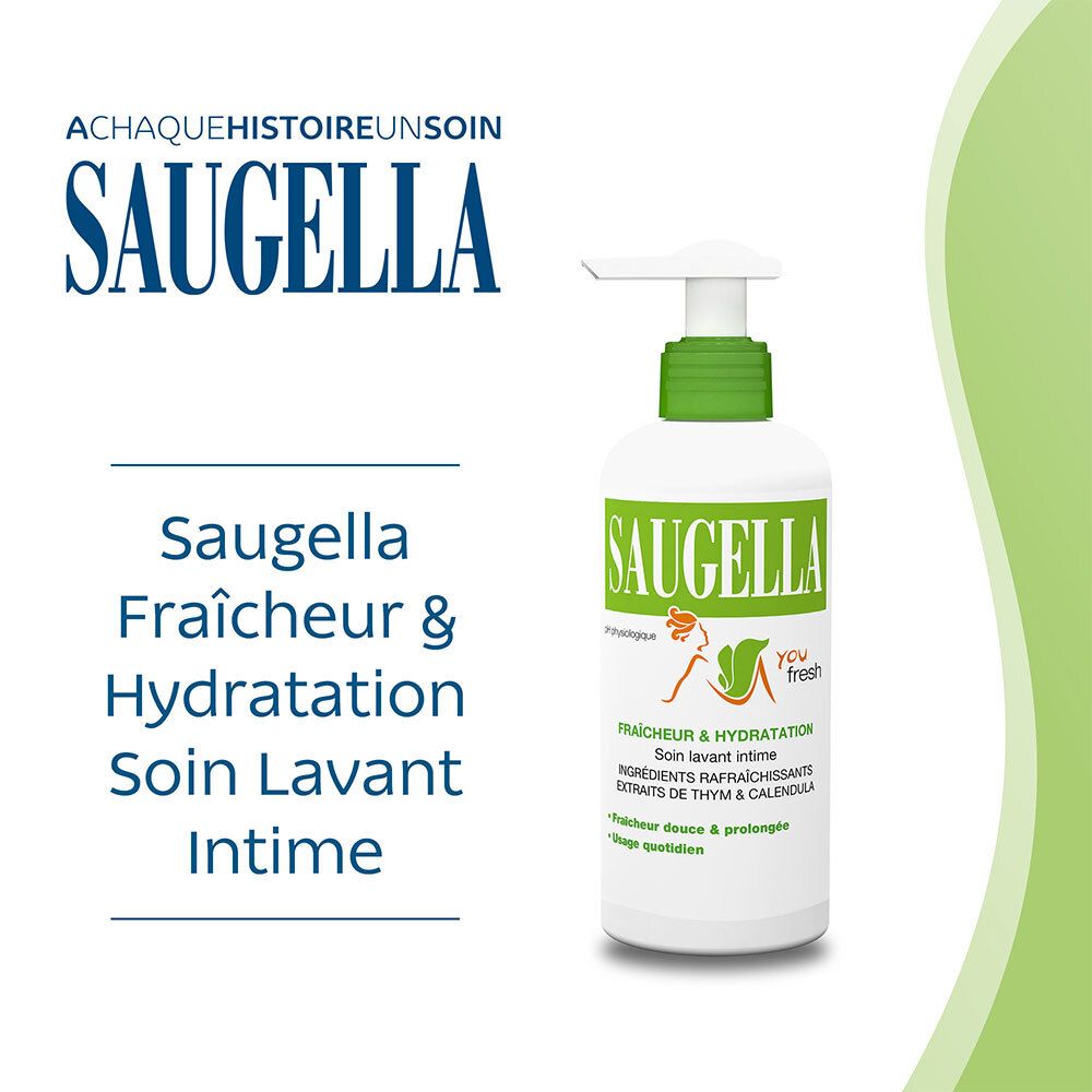 Flacon de produit avec logo SAUGELLA. Texte : Saugella Fraîcheur & Hydratation Soin Lavant Intime. Fond : vert.
