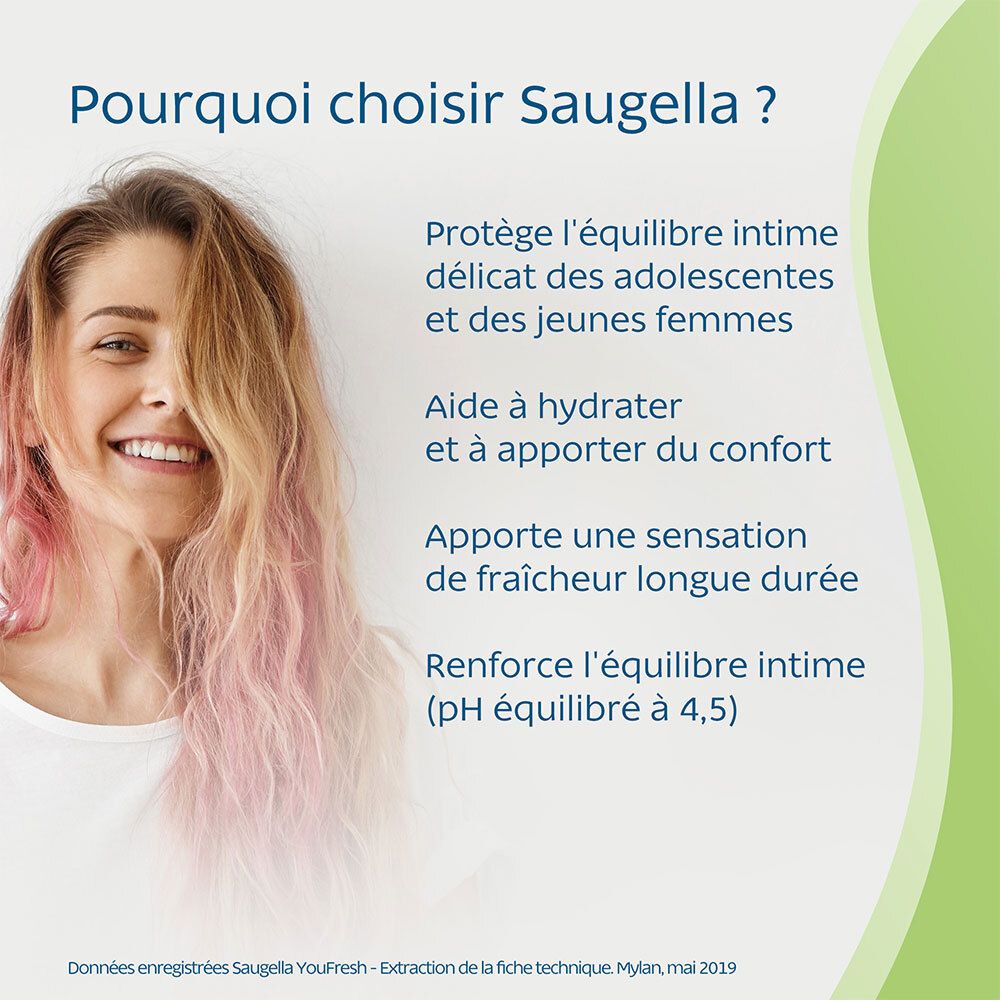 Femme aux cheveux roses. Texte : Pourquoi choisir Saugella ? Protège l'équilibre intime, aide à l'hydratation.