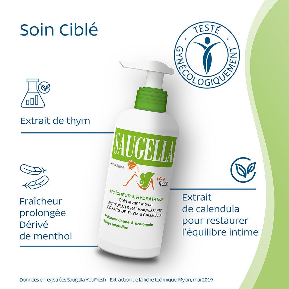 Flacon de produit avec texte : Soin Cible. Texte : Extrait de thym, Extrait de calendula. Testé gynécologiquement.