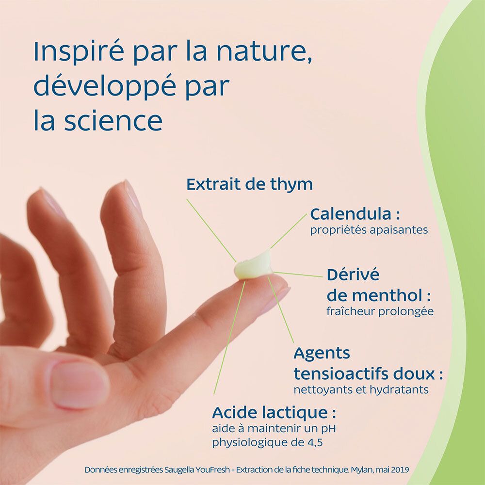 Main avec goutte. Texte : Inspiré par la nature, développé par la science. Ingrédients : Thym, Calendula, Menthol.