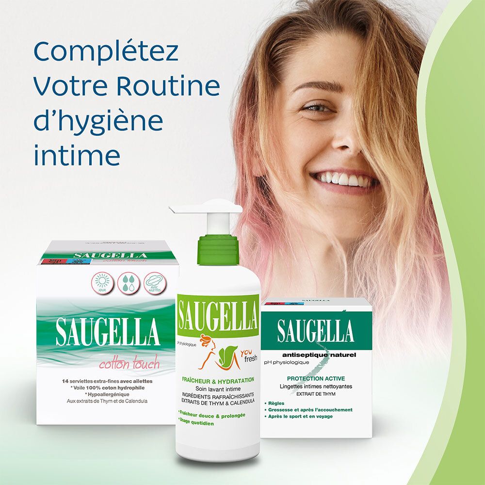 Femme sourit. Produits : Saugella, cotton touch, antiseptique naturel. Texte : Complétez votre routine d'hygiène intime.