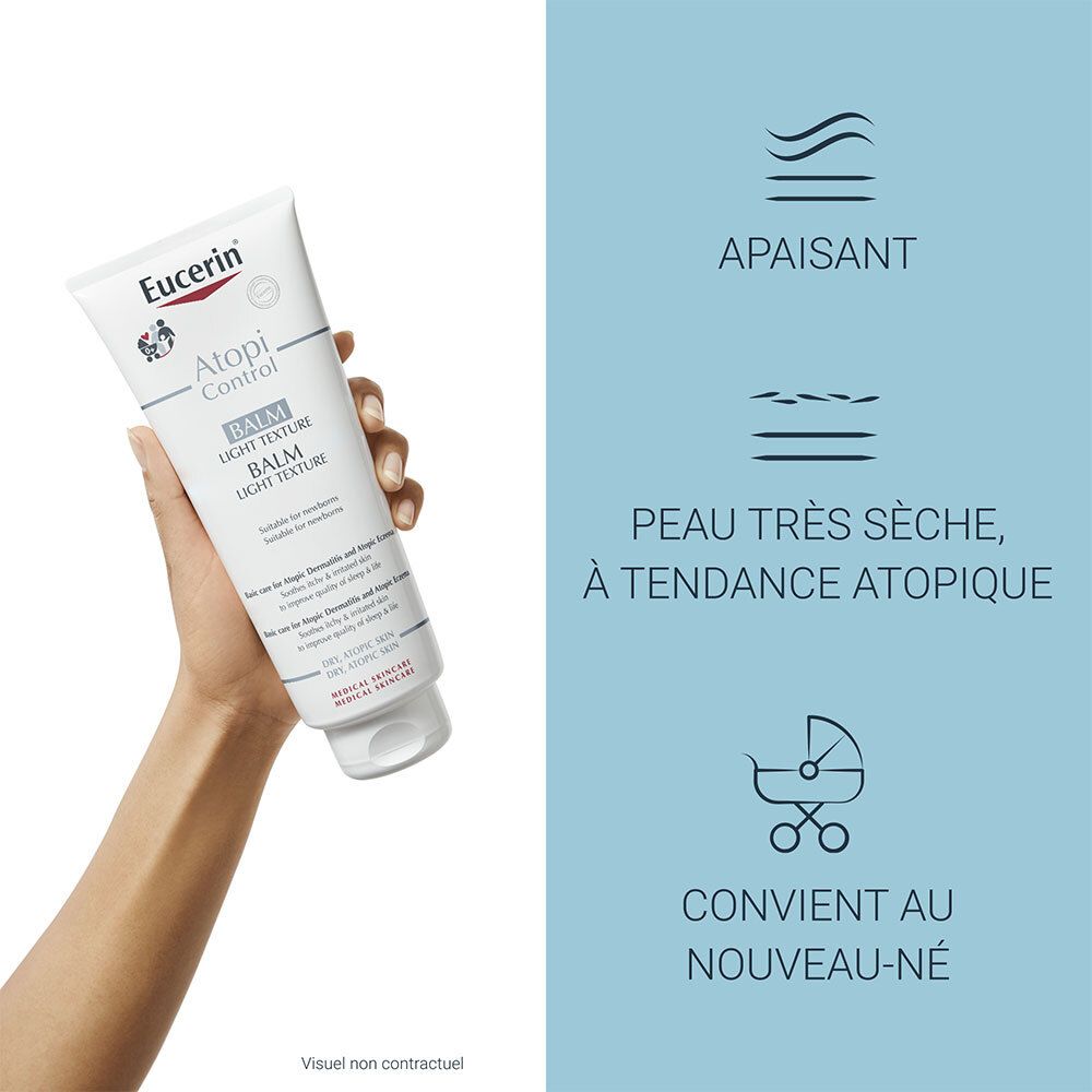 Hand hält Tube Eucerin AtopiControl. Text: Apaise, peau très sèche, convient au nouveau-né. Symbole: beruhigend, trockene Haut, Baby.