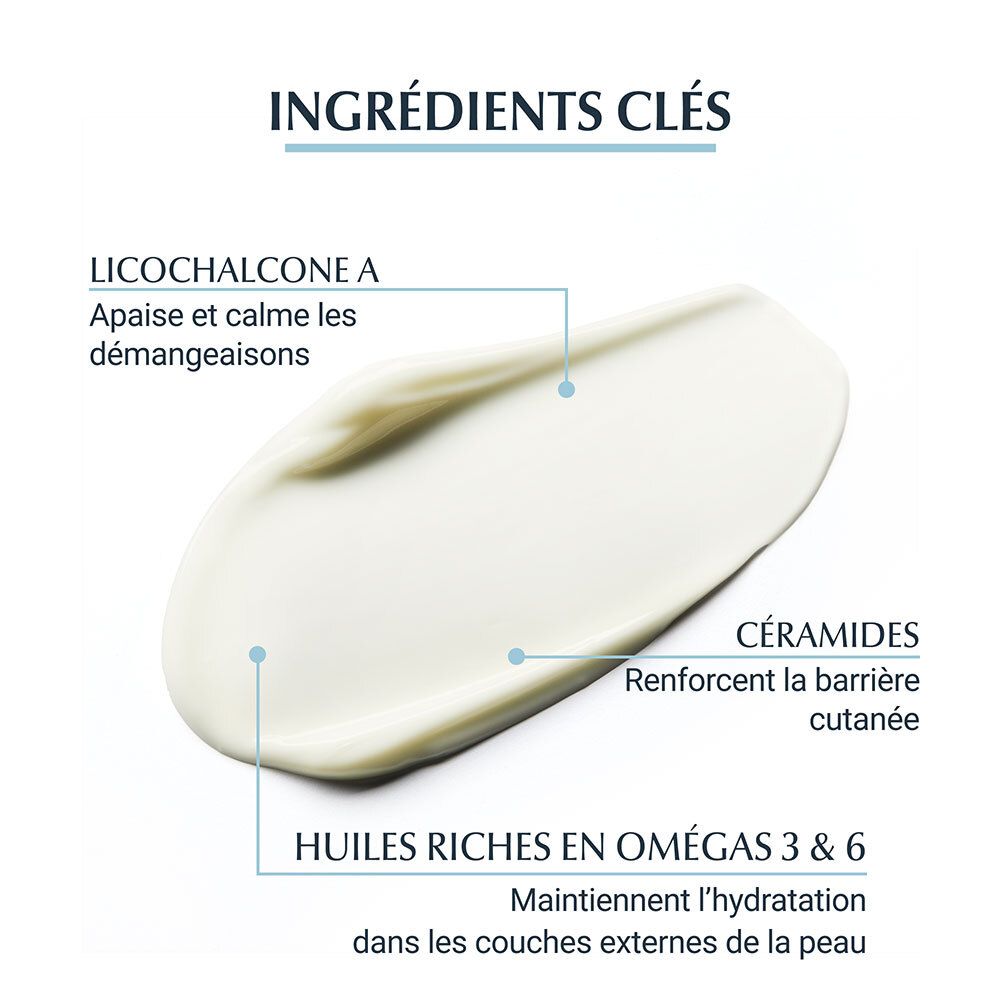 Gros plan crème. Texte: Licochalcone A, Céramides, Huiles Oméga 3 & 6.