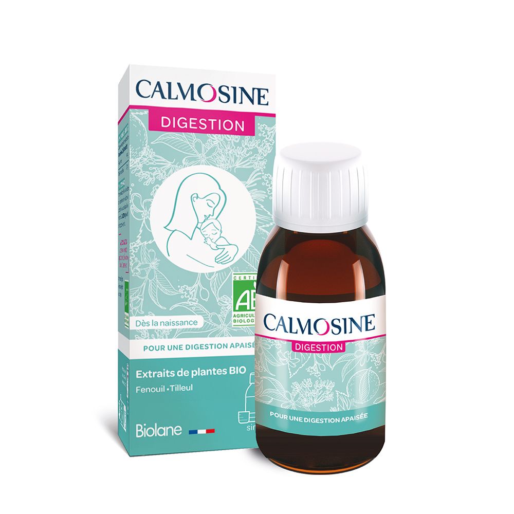 Flacon et boîte Calmosine Digestion. Flacon brun, bouchon blanc, étiquette verte, label AB, logo.