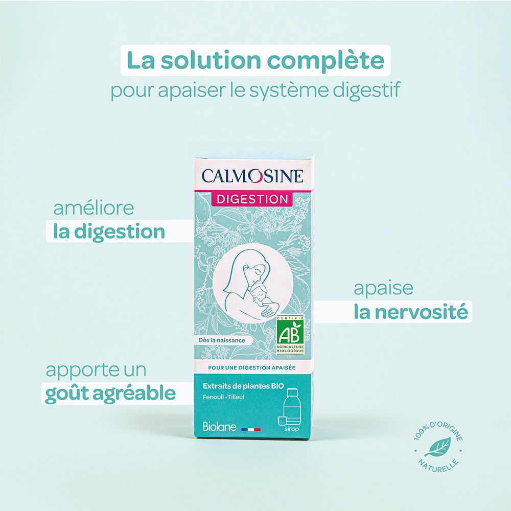 Boîte Calmosine Digestion. Texte, logo, illustration, label AB. Inscription : 'La solution complète pour apaiser le système digestif'.