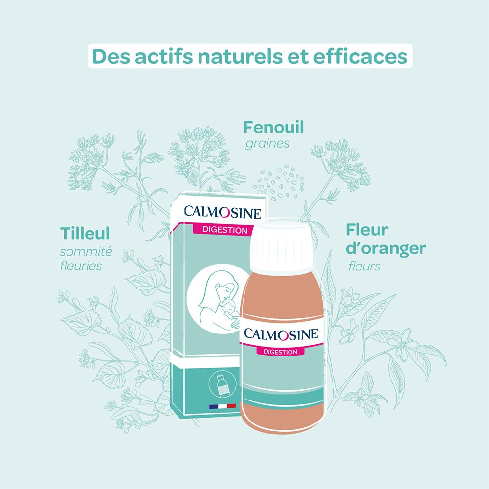 Illustration de plantes et flacon. Fenouil, fleurs de tilleul, fleur d'oranger. Flacon Calmosine Digestion.