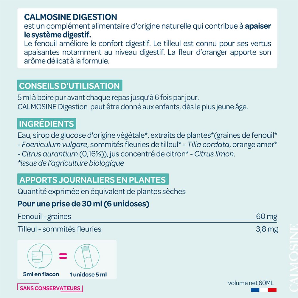 Texte sur Calmosine Digestion. Ingrédients, conseils d'utilisation, dosage. Flacon de 60 ml.