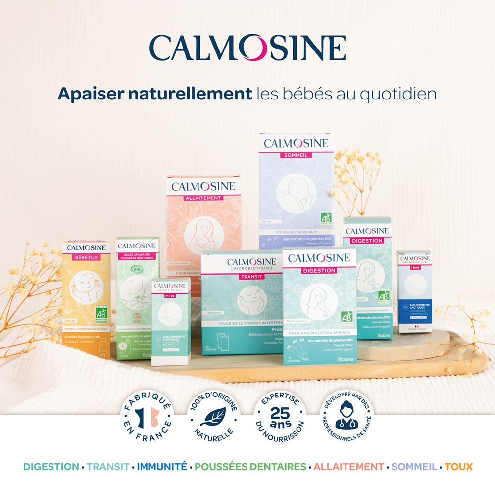 Différents produits Calmosine. Emballages avec logos, illustrations, textes. Label AB, 100% naturel.