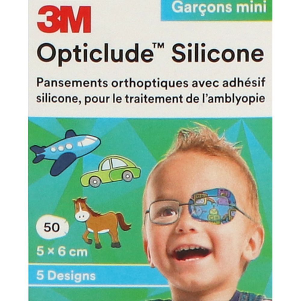 Verpakking 3M Opticlude Silicone. Bevat 50 pleisters, 5 x 6 cm, 5 designs. Kind met oogpleister.