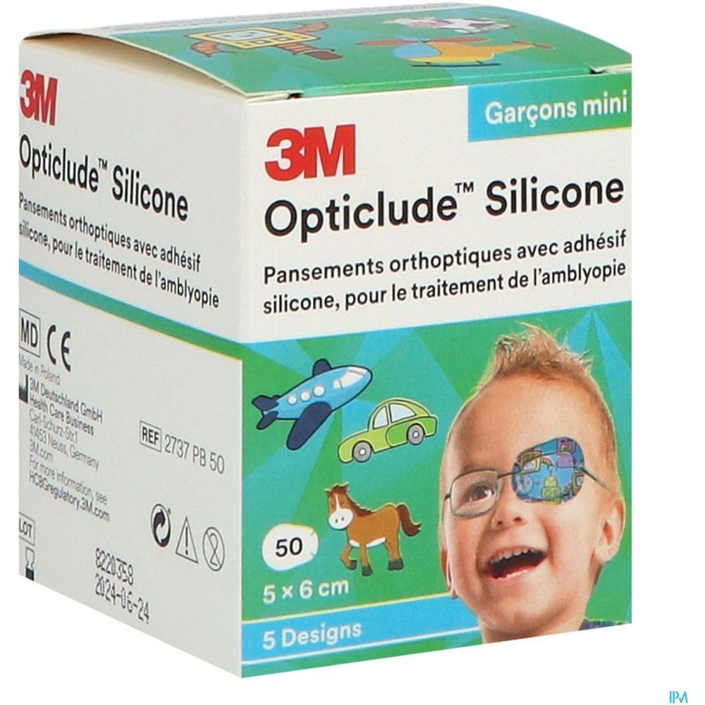 Verpakking 3M Opticlude Silicone. Bevat 50 pleisters, 5 x 6 cm. Kind met oogpleister. Prints: vliegtuig, auto, paard.