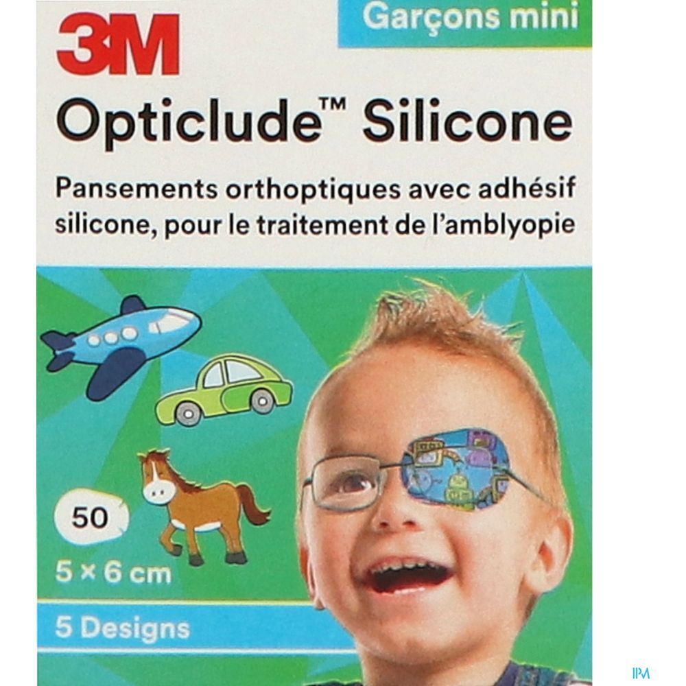 Verpakking 3M Opticlude Silicone. Bevat 50 pleisters, 5 x 6 cm. Kind met oogpleister. Prints: vliegtuig, auto, paard.